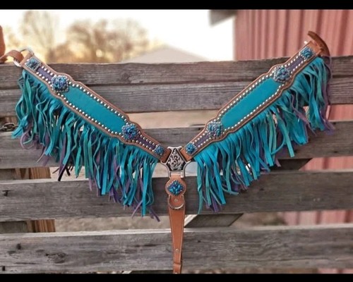 Handmade Breaststrap, 1 Ear Bridle And Nose Band For Bronc Halter Teal & Purple