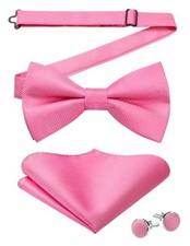 Mens Plaid Bow Tie Set Pocket Square and Cufflinks Bowtie Pink3