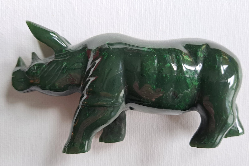 Carved Rhinoceros Small Sculpture Figurine Dark Green Verdite Stone Rhino Jade ?