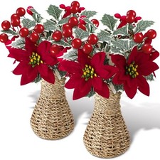 Sets Poinsettia Flowers Artificial 1." Christmas Potted Plant Holly Berries 2