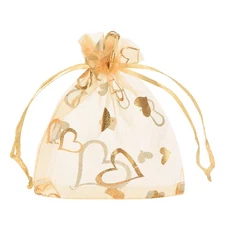 50 Pcs Organza Bag 4"x5" Sheer Heart Mesh Bags Drawstring Gold