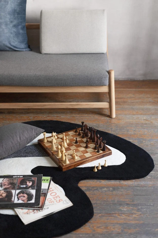 Alfombra decorativa de lana hecha a mano en blanco y negro para dormitorio sala de estar Foto 3 de 4