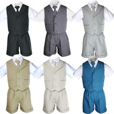 Boy Infant Toddler Formal 4 PC Vest Shorts Set Suit Black Teal D. Gray Lt. Gray