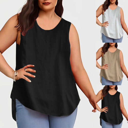 Plus Size Womens Solid Sleeveless Tank Cami Tops Ladies Casual Loose T Shirt Tee - Picture 1 of 17