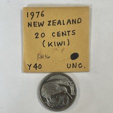 New Zealand 20 Cents 1976 Coin Kiwi Bird Queen Elizabeth II Uncirculated KM 36.1
