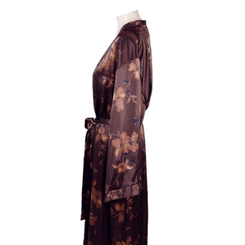 Jones New York Full Length Robe Brown Satin Floral Kimono 3/4 Sleeve Belted 1X - Picture 3 of 10