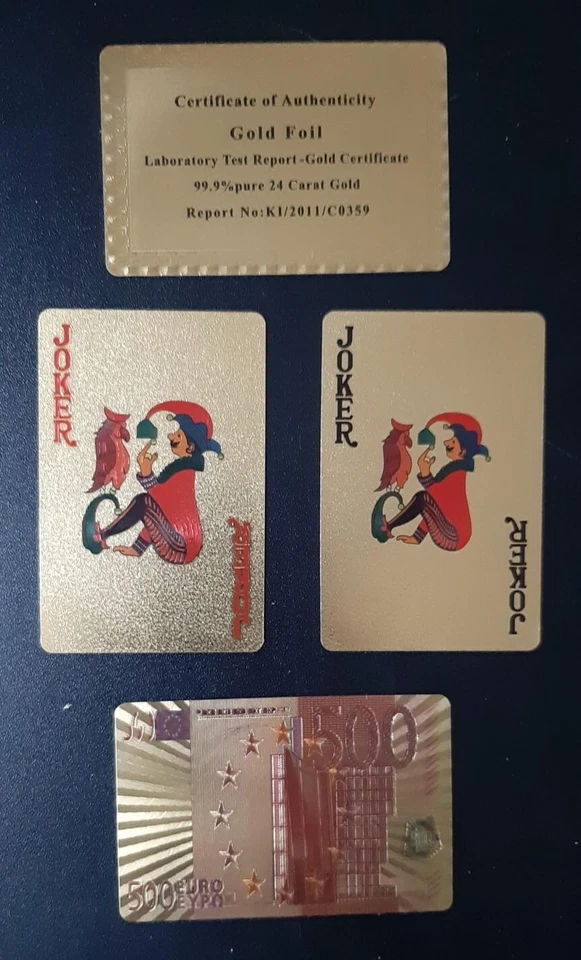Carte da gioco (mazzo da 52) con sfondo 500 Euro ed in carta laminata oro - Immagine 3 di 4