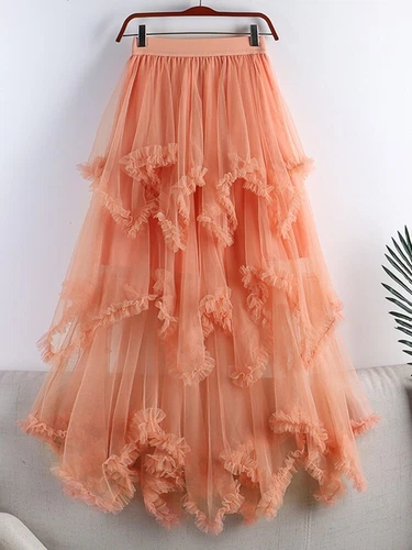 Tulle Long Dress for Women 2023 Summer Cute Irregular Mesh High Waist Maxi Skirt - Bild 11 von 33