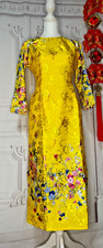 ao dai dress yellow no tay phong hong sen cach tan silk gam FINAL SALE