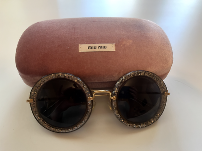 MIU MIU SMU 13N Noir Smoke Pewter Glitter Round Lens Gold Arm