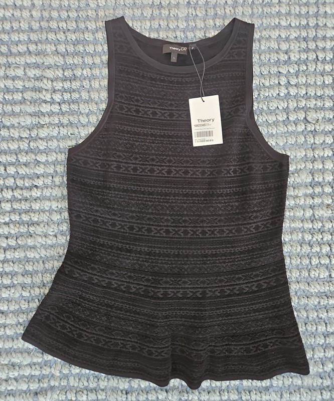 NWT THEORY BLACK TEXTURED SLEEVELESS PEPLUM TOP SIZE LARGE