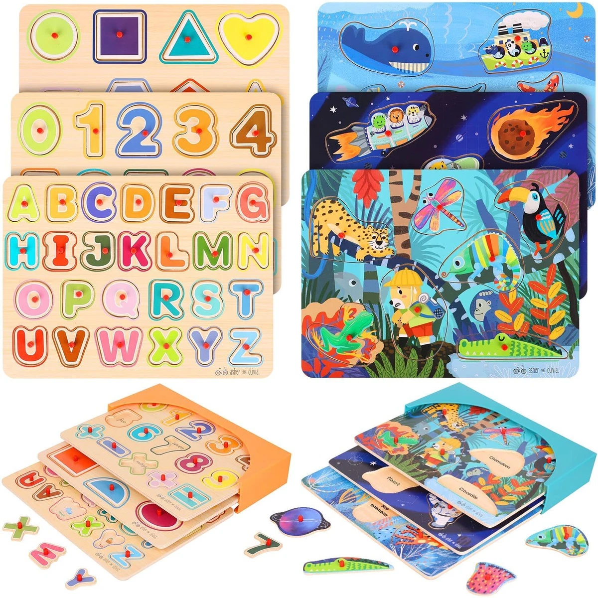 Wooden Toddler Puzzles (6-Pack) and Storage Rack, Peg Puzzles, Alphabet,  Numbers