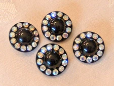 4 Vintage LaMode Black Glass Buttons High Mound with Aurora Borealis Rhinestones
