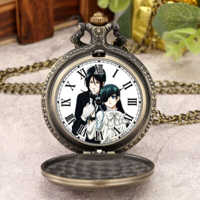 Schwarz/Bronze schwarz Butlerzifferblatt Herren Frauen Quarz Taschenuhr Halskette Anhänger