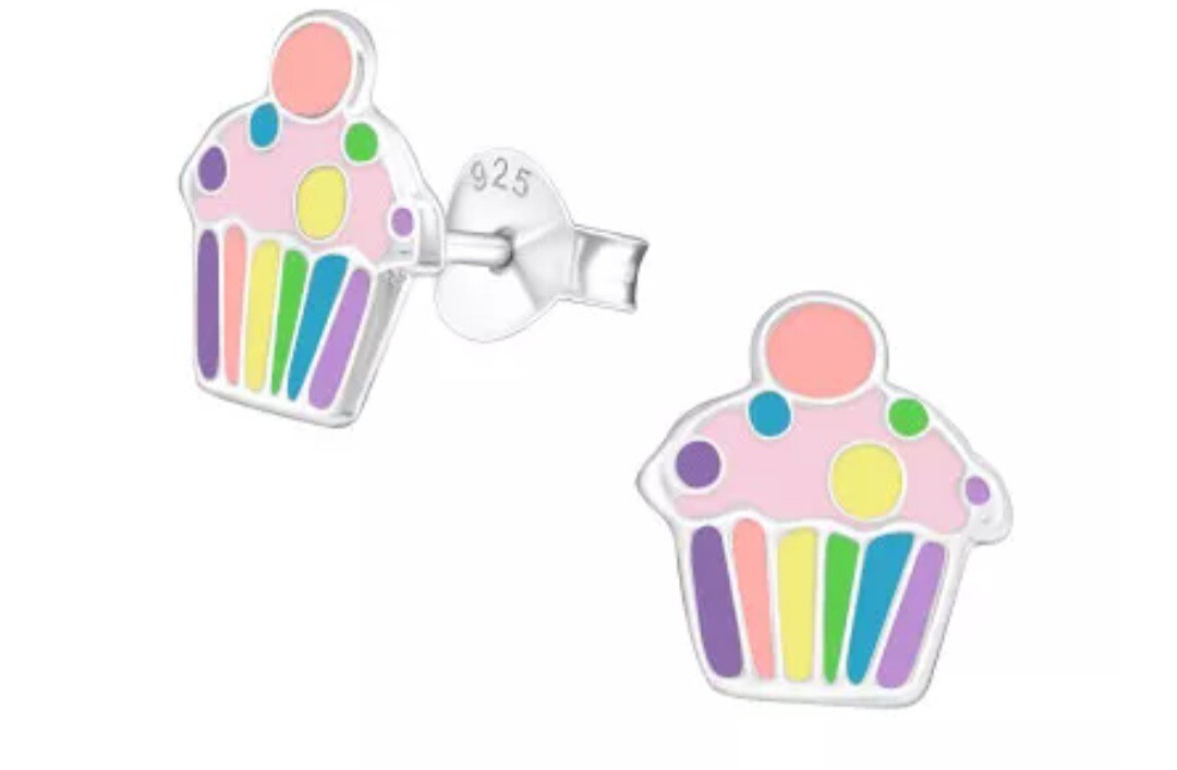 Cupcake Sterling Silver 925 Stud Earrings. Girls, Women Jewelry.  Epoxy New-image