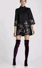 Zara Faux Suede Embroidered Mini Dress Women Small Mock Neck Boho Holiday Black