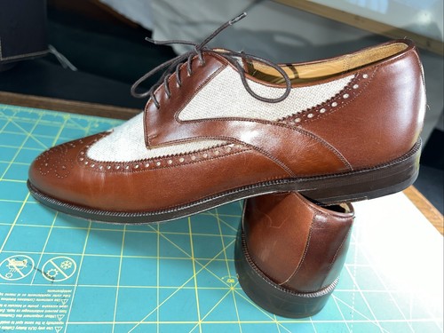 Johnston & Murphy👞Sz 9.5D Men Brown/Cream Lthr/Canvas Two-Tone Wingtip Brogue - Picture 5 of 24