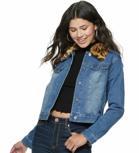 Candie's Denim Jacket Faux Fur Leopard 