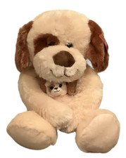 Hug Fun International Dog 14 Inch Beige Holding Puppy Love Soft Plush EUC