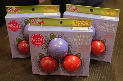 EOS Holiday Lip Balm Sphere Gift Set, Sugar Plum Spritz, Candy Apple, Candy Cane