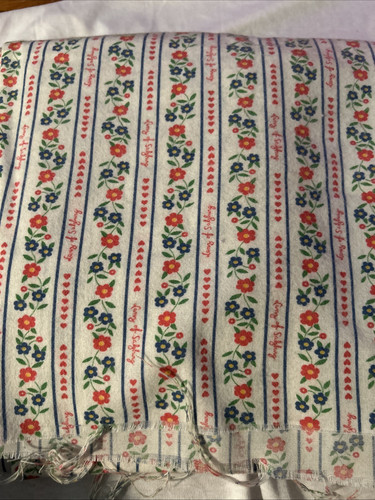 Vintage Lanz Of Salzburg Flannel Fabric 2+ Yards Blue Red Floral Stripe - Picture 2 of 5