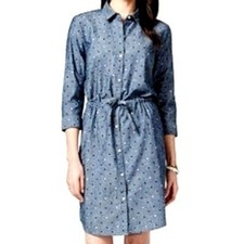 TOMMY HILFIGER Women's Large Blue Polka Dot Denim Shirt Dress Belted 3/4 Sleeve