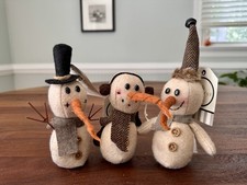 Trio of Primitive Folk Art Rustic Snowman Ornaments Felt Long Noses NWT NOS Xmas