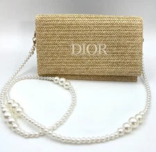 Christian Dior Straw Raffia Woven Cosmetic Zipper Bag Pouch with Chain