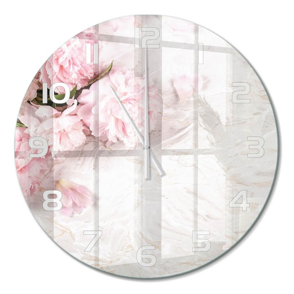 Moderne Runde Wanduhr Aus GehäRtetem Glas Pfingstrosen WeißE Zeiger Fi60 Cm-image