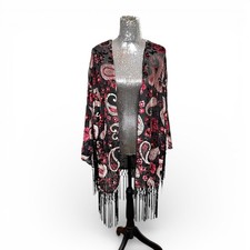 Burnout Velvet Whimsigoth Fringe Duster Kimono Large Sheer Floral Paisley Boho