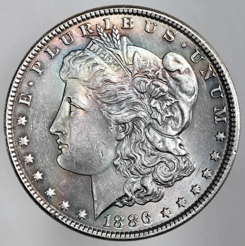 1886-P $1 MORGAN SILVER DOLLAR AU+ CONDITION "COLORFUL TONING" (251110-016)