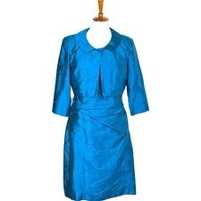 Watters & Watters Silk Teal Blue Dress Jacket Set Size 12 Ruched Mother Of Bride
