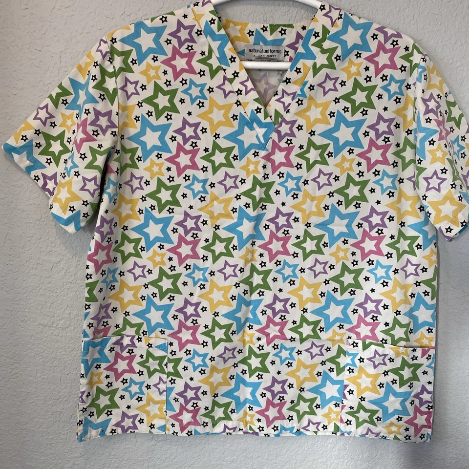 Natural Uniforms Scrub Top Womens L. White, Stars Pattern Multi-Pocketed. #J - Image 2 of 4