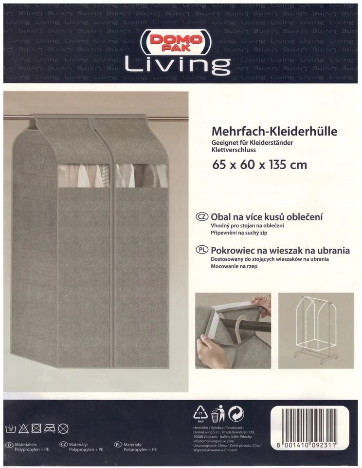 DOMOPAK Living Mehrfach - Kleiderhülle / Staubdichte Kleidersäcke - 65x60x135 cm