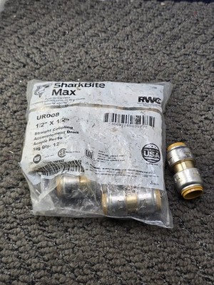 (QTY 12) SharkBite UR008 1/2'' x 1/2'' Push-To-Connect Straight Brass Couplings