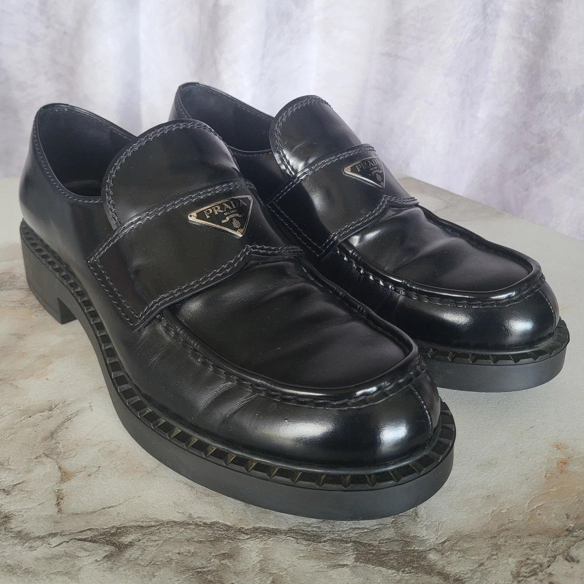 Prada Loafers Men\'s 6.5 Black Pebbled Leather Driving Shoes Metal Bit 2D 2172 PRADA Loafer Black Casual Shoes for Men for sale | eBay main image 4