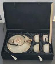 Bombay Company Tea Set Teapot 4 Cups w Box 5 Pc Brown Speckled