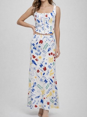 Cropped Corset Top Ocean Print Maxi Skirt Sz L/XL White Tropical Beach Resort SO