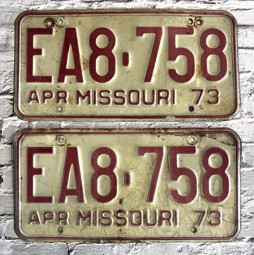 1973 Missouri Automobile License Plate Matched Pair / Set EA8-758 - Foto 1 di 2