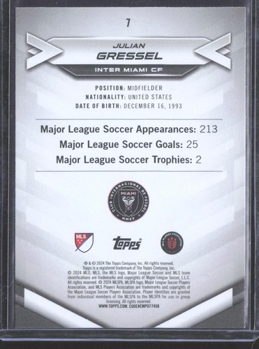 Julian Gressel 2024 Topps MLS Superstars Yellow Common #7 - Picture 2 of 2