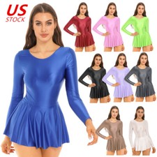 Women's One Piece Dress Leotard Swimwear Long Sleeve Glossy Swimsuit Dresses