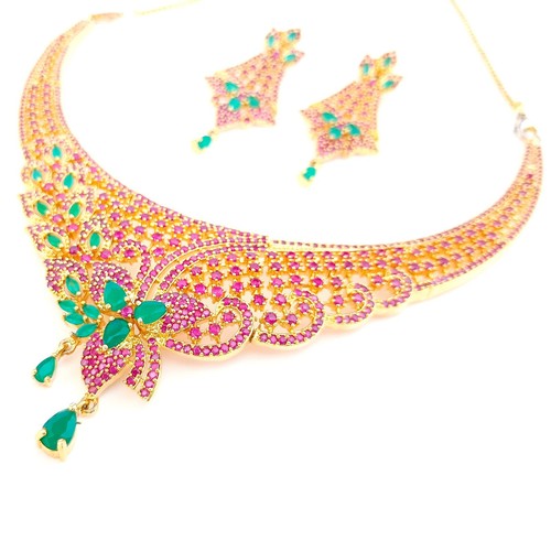 Lovely Ruby & Emerald Gemstone Necklace ,Gold plated South Indian Necklace - Picture 8 of 8