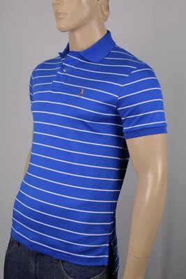 Ralph Lauren Blue White Striped Pima Cotton Interlock Polo Shirt Classic Fit NWT
