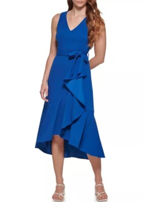 NEW CALVIN KLEIN BLUE BELTED FIT AND FLARE DRESS MIDI SIZE 16 $149