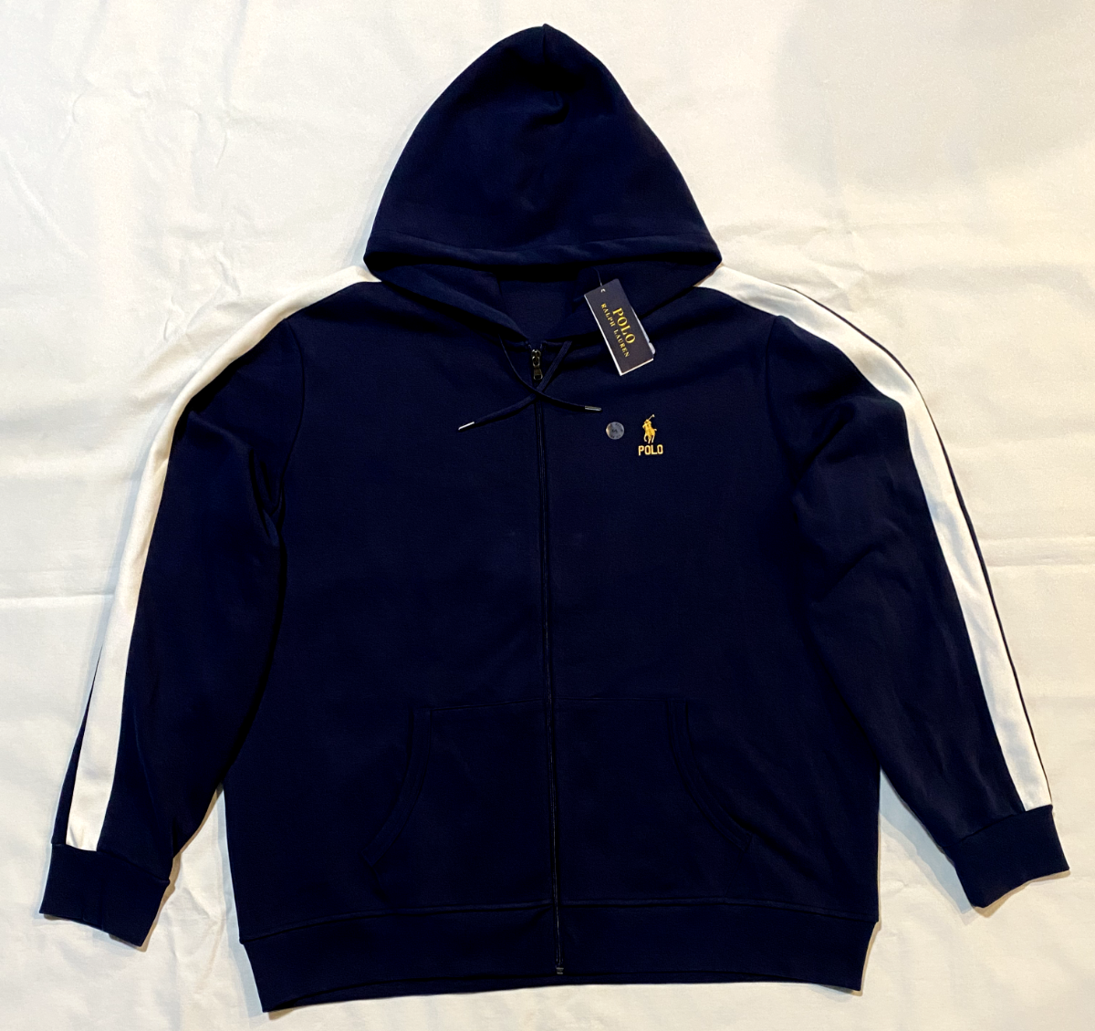 PONY Nuova con etichette Polo Ralph Lauren uomo vestibilità classica full zip giacca con cappuccio Navy bianco 2XL