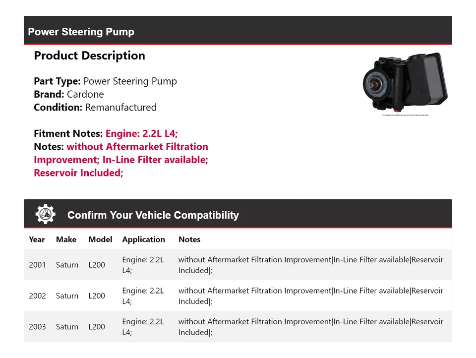 Bomba de dirección asistida Cardone 2002 para Saturn L200 2,2 L L4 2001-2003 Foto 2 de 4
