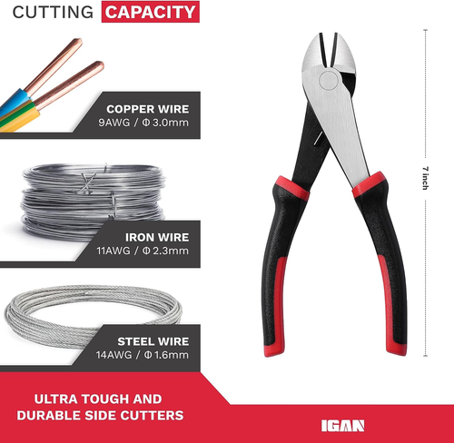 IGAN 7-Inch Wire Cutters, Spring-Loaded Side Cutters Dikes, Ultra Tough and Dura - Picture 2 of 7