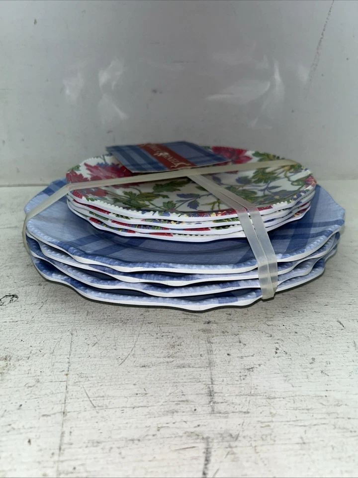 April Cornell Melamine Plates Blue Plaid Pink Floral Dinner Luncheon Set of 8 - Image 4 of 4