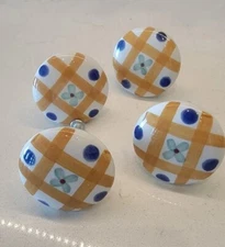 Brown blue Checkerboard Ceramic Cabinet Knob Cupboard Pull Door Kitchen Set Of 4