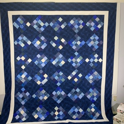 Dark Blue Patchwork Quilt Top Set On Point 88 X 100 Ebay